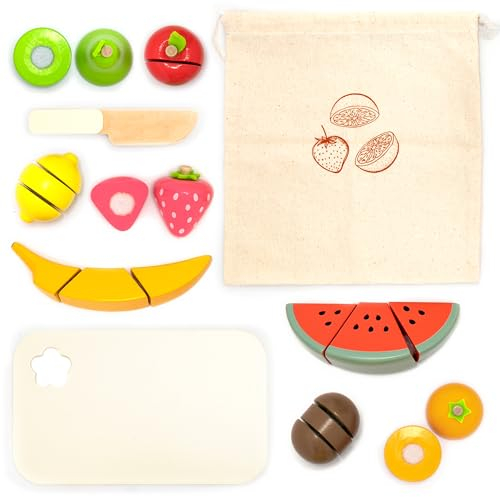 UMU® Holz Obst Schneideset für Kinder - Küchenspielzeug mit Lebensmitteln zum Schneiden und Kinderküche Zubehör (Holzmesser, Schneidebrett, Obstbeutel), Montessori-Holzspielzeug ab 2 3 4 5 Jahren