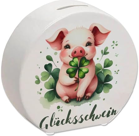 Glücksschwein mit Kleeblatt Spardose Schwein als Glücksbringer Grünes Kleeblatt-Motiv Tier Spardose Natur und Pflanze Design