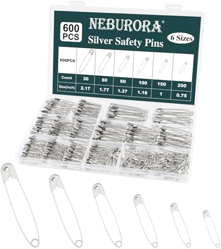 NEBURORA 600 pcs Silber Sicherheitsnadeln Stift Sortierte 6 Verschiedene Größen kleine und große Sicherheitsnadeln für Wäschebüro nähen Handwerk und Kunstfestern