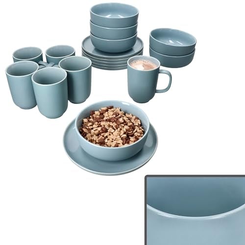 Ritzenhoff & Breker Jasper 18tlg Frühstücksset Graublau I Je 6X kleine Teller, Schalen 360ml & Kaffeebecher 250ml, Höhe 10,4cm für 6 Personen I Steingut-Geschirr für Frühstücks- & Kaffeezeit
