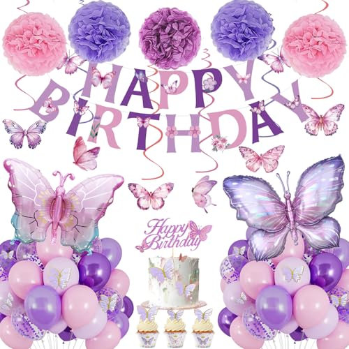 Balloon Schmetterling Geburtstagsdeko Mädchen, Schmetterling Deko Kindergeburtstag, Rosa Violette Luftballons Geburtstag Schmetterling mit Hängende Wirbel Schmetterling Luftballons
