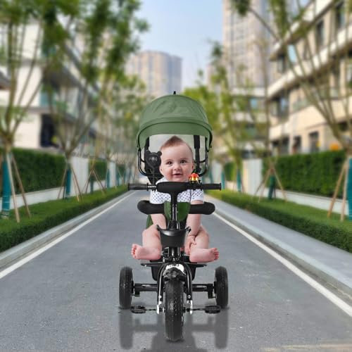 HUOLE Kinderdreirad Tricycle für Kinder ab 12 Monate bis 5 Jahren mit Abnehmbarer Sonnendach&Schubstange Dreiräder,Jogger, mit Dachfenster, Sicherheitsgurte, 360 Grad Drehbar4 in 1 (grün)
