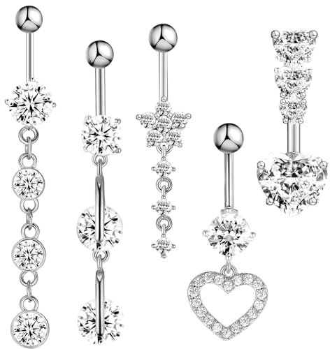 Halinuia 5Pcs 14G Piercing Nombril Acier Chirurgical, Piercing Ventre Anneau de Nombril, Anneaux de Piercing, Nombril Bijoux pour Femmes Hommes,Bijoux de Corps