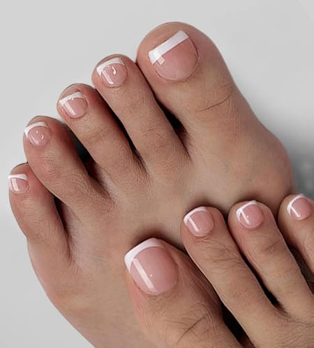 120 Pièces MouyouGlow Faux Ongles D'orteil à coller Court,Carré Rose Nude Blanc French Pink Natural Fake Ongles Pieds Toe Nails Full Cover Orteils Press on Nails avec Colle