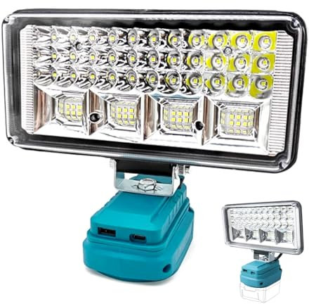Lampe de Travail LED Sans Fil Compatible avec Makita 18 V, Lumière Chantier Portable avec Port de USB & Type C, Alimentée par Piles pour Chantier Camping Réparations Garage