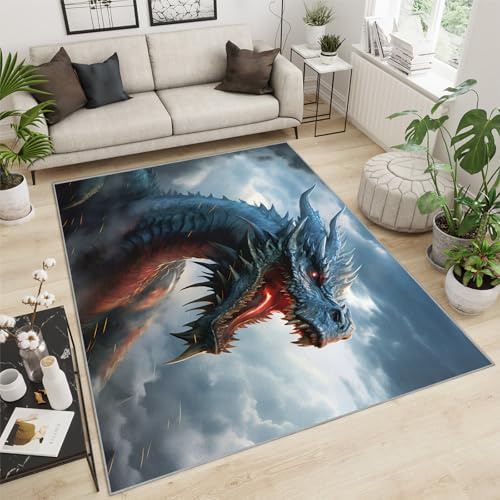 FBRUIEG Drachen-Teppich für Spielzimmer – Drachen-Schlafzimmer-Teppich, magischer Drache, Kinderteppich, cooler Western-Fantasy-Drachen-Teppich für Jungen und Mädchen, rutschfest, maschinenwaschbar