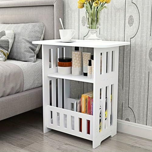 M.J COMFY-LIFE Slim Side Table 3-Tier Storage Table 49x44x30cm Narrow Bedside Storage Shelves, White Modern Nightstand for Small Spaces Bedroom Living Room Hallway Home Office (1)