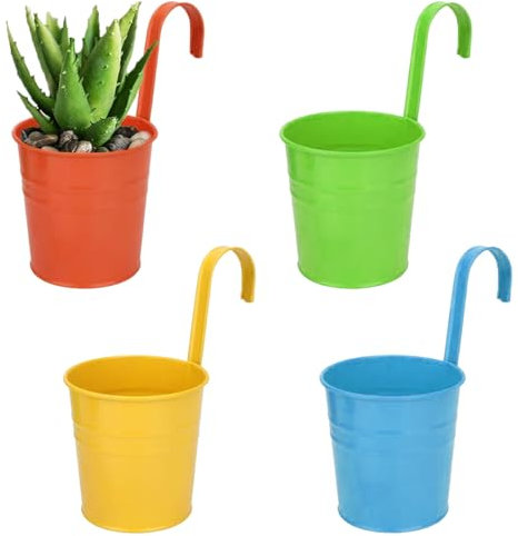 Roysmart Lot de 4 pots de fleurs à suspendre avec trou de drainage pour balcon, clôture, jardin, mur, robuste avec crochet amovible