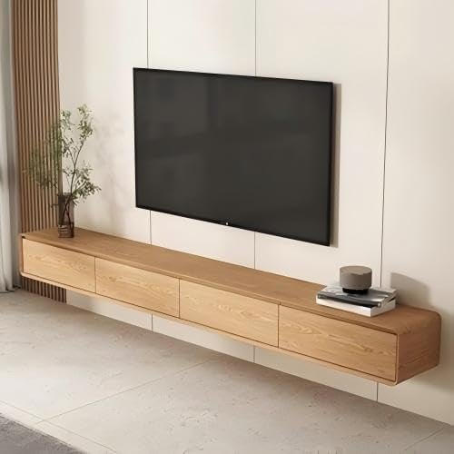 Floating TV Stand with 2 Drawers, Wall Mounted Media Cabinet for Living Room and Bedroom, Oak Wood Shelving Shelf Console