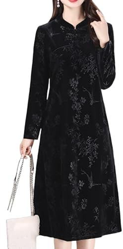 OrDobo Cheongsam Manche Longue pour Femme - Robe Mi-Longue en Velours Cheongsam À Col Montant Et Jacquard De Style Chinois Ample Grande Taille Couleur Unie Coupe Trapèze