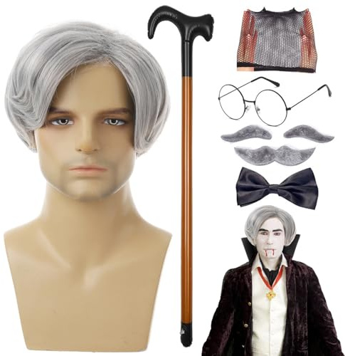 Opa -Kostüm -Set - Großvater Dress up | Faserperückenkappe graue Bartbrauen | 8 Set Cane Brille Faux Eyebrows, Schnurrbart, Fliege, Perückenmütze, Perücken wandeln für Opa Cosplay