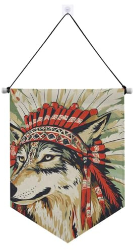 Wolf Western Cowboy Indianer Tribal Kopfschmuck grün Wandbehang Banner mit Teleskopstange Flagge Banner Outdoor Terrasse Dekor für Tür, Wände, Fenster, Gärten, Hof