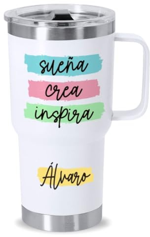 DEREGALOOS. Taza Térmica Personalizada con Nombre. Termo Personalizado con Frases Motivadoras. Acero Inoxidable Reciclado. Termo con Asa y Dosificador para Oficina y Gimnasio (Blanco - Frase 1)