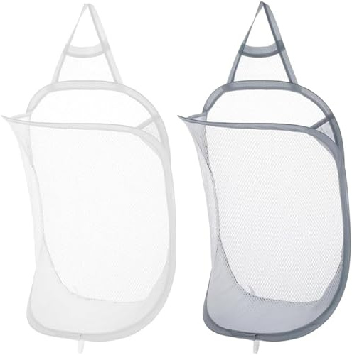 HoAhaMay 2 Stück Hängender Wäschekorb, Wand-Wäschekörbe Faltbarer Mesh Laundry Basket Aufbewahrungskorb auf die Lagerung Pop-Up-Mesh Wäschekorb für Zuhause, Hotel, Reisen, Camping (Weiß/Grau)