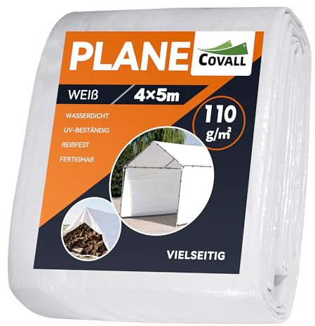 COVALL Telone Impermeabile per Esterno 4x5 m, Telo Occhiellato Rinforzato in HDPE 110g/㎡, Copertura per Piscina Auto, Mobili da Giardino, Antipioggia e Antivento, Bianco