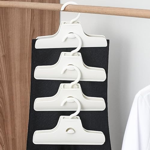 Hosenbügel Platzsparend mit Klammern, 4 Stück Kleiderbügel Hosen Weiß aus ABS-Kunststoff Aneinander Hängbar, 360° Drehbar, Silikonclips Hinterlassen Keine Spuren