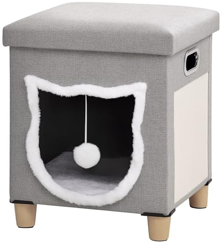 PawHut Niche Chat Interieur Maison Chat Interieur 2 en 1 avec Pied en Bois, Coussin Amovible Lavable, Balle Suspendu, Tapis griffoir et poignées, Repose-Pieds antidérapant, Gris