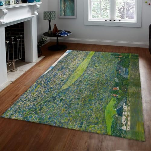 WEECHAINGE Green Hills Landschaftsteppiche für das Wohnzimmer Gustav Klimt Waschbare Emerald Meadow Schlafzimmerteppiche Teppich 100x150cm Rutschfester Gummirücken Esszimmer Küche Kinderzimmer