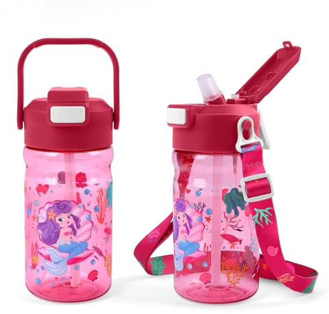 alldomess Borraccia Bambini con Cannuccia, 600 ml Borraccia Senza BPA | Prova di Perdite, Borraccia per Bambini con Manico e Tracolla, Borraccia Sportiva Adatta per La Scuola e Attività All'aperto