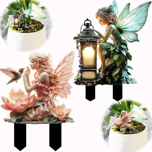 2 Stück Feen Figuren Gartendeko Elfen Gartenfiguren aus Acryl Wetterfest 2D für Draußen mit Stecker Fee Figur Statue Dekoration Figuren Gartenfigur Dekofiguren Elfenstatue Feengarten UV-Schutz