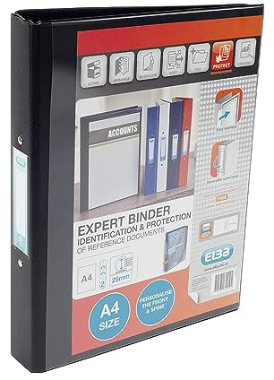 Elba A4 2 O-Ring Binder, 25mm Capacity, 30mm Spine, Presentation Folder with Customisable Cover, Portrait, Black (Pack of 10)