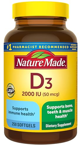 Nature Made Vitamin D3 2000 IU (50 mcg), Vitamin D Supplement for Bone, Teeth, Muscle and Immune Health Support, 250 Softgels, 250 Day Supply