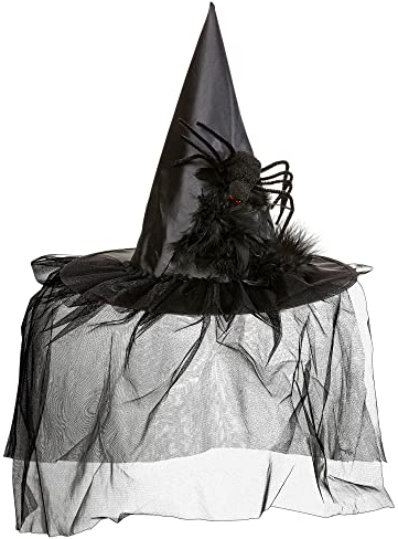Halloween - Hexenhut mit Tüll, Federn und Spinne für Erwachsene und Jugendliche
