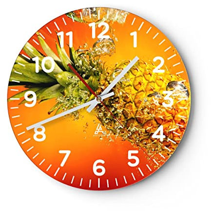 Modern Wanduhr Karibik Ananas Frucht gesund 30x30cm Rund Klein Wand Uhr Glas Analog Zimmeruhren Küche Büro Wohnzimmer Glasuhr Wall Clock Dekoration Design Wanddekoration Küchenuhr C4AR30x30-2209