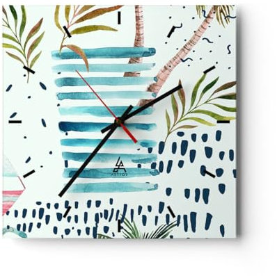 Modern Wanduhr Aquarell Palme tropisch Boot 30x30cm Quadrat Klein Wand Uhr Glas Analog Zimmeruhren Küche Büro Wohnzimmer Glasuhr Wall Clock Dekoration Design Wanddekoration Küchenuhr C3AC30x30-2956