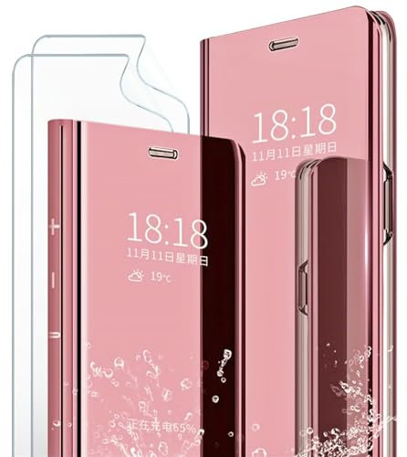 MLOTECH Hülle Kompatibel mit Samsung Galaxy Note 8 Hülle Handyhülle+Schutzfolie[2 Stück] Flip Transluzent View Miroir Anti-Schock Spiegel Standfunktion Schutzhülle -Roségold
