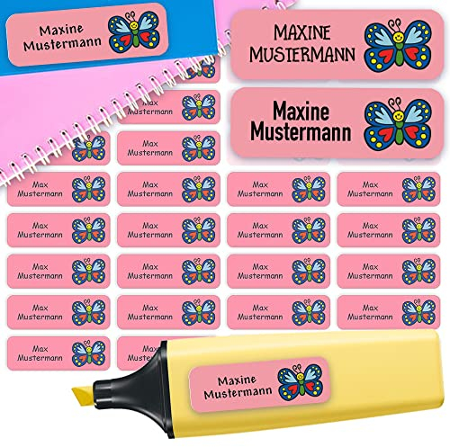 Sunnywall® Namensaufkleber Kinder Schule Schmetterling Aufkleber Namensetiketten | 60 Stück Klebeetiketten zum Beschriften 4,8x1,6cm Kita Schulanfang | wasserfest