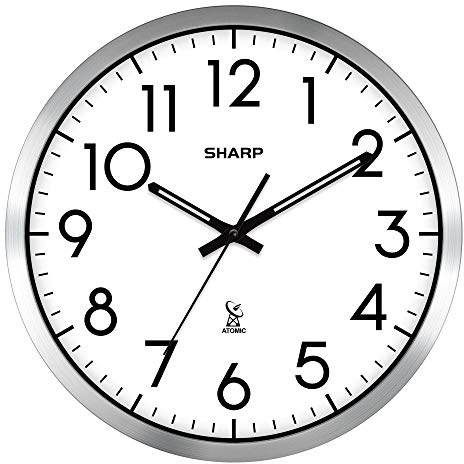 Sharp Atomic Analog-Wanduhr, 30,5 cm, silberfarben, gebürstete Oberfläche, automatische Einstellung, batteriebetrieben, leicht zu lesen, einfach zu bedienen, modernes Design und Stil