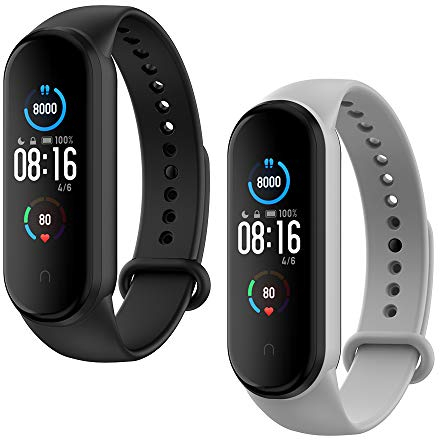 WD&CD 2 Pack Correa de Silicona Compatible con Xiaomi Mi Band 6/ Mi Band 5 Correa de Reloj, Pulsera Compatible para Mi Band 5, Muñequera Ajustable Banda de Reloj para Xiaomi Mi Band 5, Negro + Gris