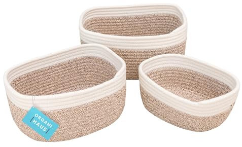 OrganiHaus Aufbewahrungskorb 3er-Set - Kleine Gewebte Körbe zum Sortieren - Montessori Baby- Schrank- und Wäschekorb Geflochten aus Baumwolle - Aufbewahrungskorb Geflochten - Braun/Weiß