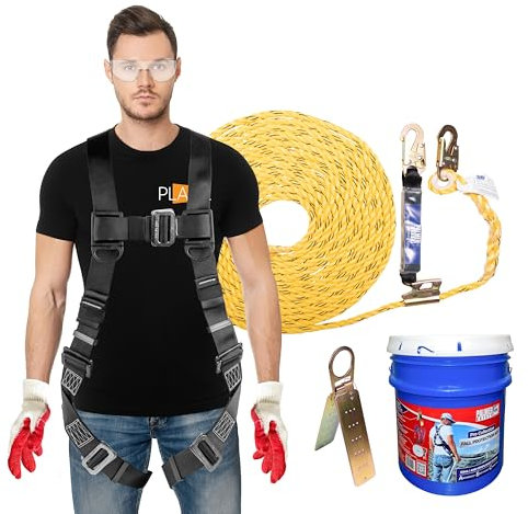 ATERET Bucket of Roof Harness Safety Kit, 50 ft. Vertical Lifeline Assembly, Reusable Anchor, 4 Gallons Bucket, Safety Harness Fall Protection Kit