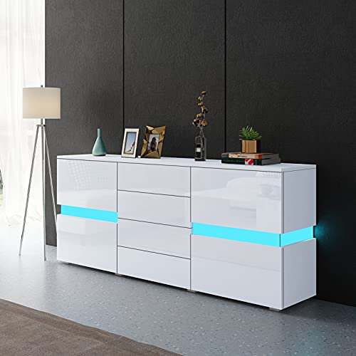 AWOOOD LED Sideboard Cabinet,TV Unit High Gloss Sideboards Storage Cabinet with 2 Doors 4 Drawers,TV Stands for Living Room (White)