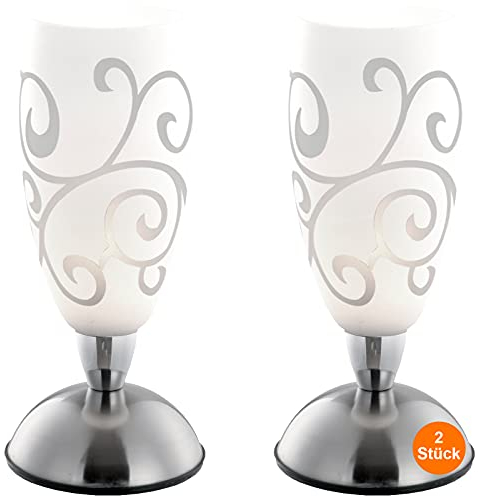 Nachttischlampe 2er Set Touch Säule - Tischlampe Wohnzimmer Modern Silber - Lampenschirm Glas Weiß Ornamente - Lampe Schlafzimer Nachttisch - Dekolampen Innen Fensterbank - 28 cm