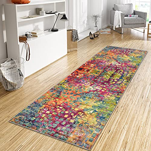 WTHYGB Teppich Läufer Flur Küche 80x400 cm, Modern rutschfest Waschbar Küchenläufer Flurläufer, Lang Polyester Plaid Muster Grün-Rot Teppichläufer für Korridor Schlafzimmer, Innen Wohnzimmer