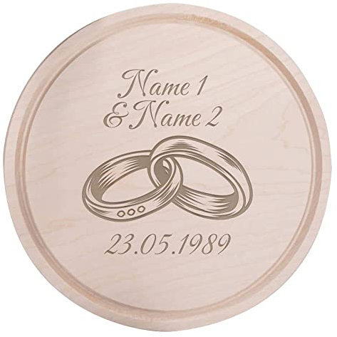Deitert Frühstücksbrettchen mit Name und Datum graviert - Holzbrett Geschenk für Valentinstag, Hochzeit, Geburtstag für Frauen/Männer - Schneidebrett Holz Rund, 28 cm Ø, 2 Eheringe Gravur