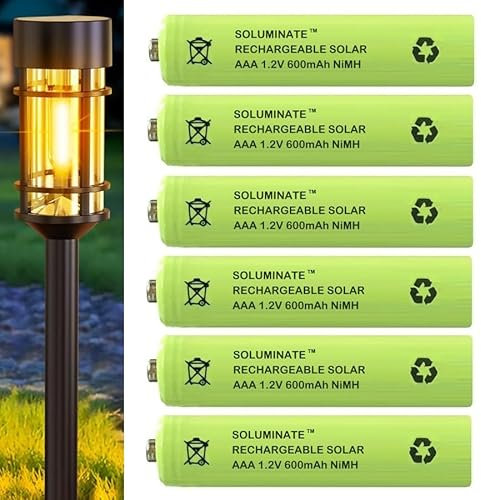 Soluminate Rechargeable AAA Solar Light Batteries (600mAh) for Outdoor Garden Solar Lights, Pathway Light, Lawn Lights, Patio and Decking Lights and Solar String Lights. 1.2V NiMH Technology (6-Pack)