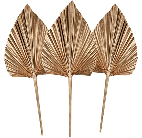 3Pcs Feuilles de Palmier Séchées Lances de Palmier Séchées Naturelles, Petit Eventail de Palmier Séché,Plante de Palmier avec Tige Boho Maison, Fête, Mariage,Gâteau, Décoration Gold (Gold)
