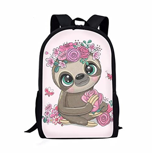 HUIACONG Rosa Mädchen Büchertaschen Faultier Blume Rucksack stark langlebig Kindertasche für Frauen Damen Dating Picknick Umhängetasche mit seitlichen Flaschentaschen, Rosa Faultier-Blume, Medium