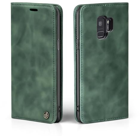 LBH Handyhülle für Samsung Galaxy S9 in Grün mit Karten- und Geldfach Smartphone Hülle mit Standfunktion Flip Case Schutzhülle Magnetverschluss Vintage