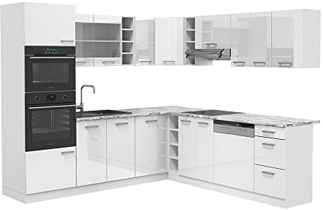 Vicco Eckküche R-Line, Küchenzeile in L-Form, Weiß Hochglanz/Weiß, 237 x 247 cm, AP Marmor