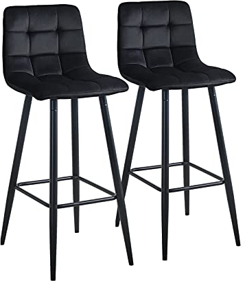 CLIPOP Barhocker aus Samt mit Lehne, Barstuhl 2er Set, Bar Stool, Bar Stühle für Bartheken, 75 cm Sitzhöhe, Schwarz