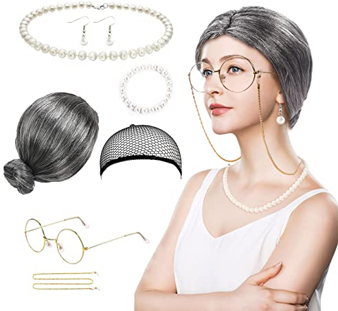 TSHAOUN 7 Stück Oma Kostüm Oma Cosplay Kostümzubehör mit Oma Perücke, Haarkappe, Halskette, Armband, Ohrringen, Brille für Halloween, Karneval, Mardi Gras, Maskerade-Party, Show (Grau)