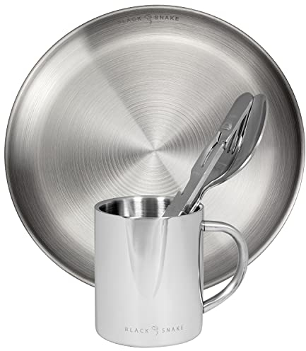 Black Snake® Flacher Camping Picknick Teller mit Besteck Plus Tasse aus Edelstahl - 1 Person - Set