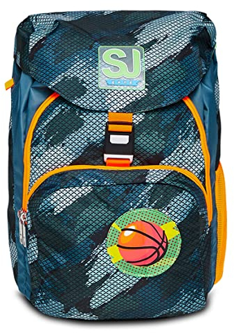 SJ Schulranzen, gepolstert & flexibel, mit Trinkflaschenfach, Seitentaschen, Brust- und Hüftgurt; nachhaltiges Gewebe; Rucksack für Grundschule&Freizeit, Mädchen & Jungen, MICROLIGHT- GREEN SHADOWS