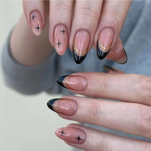 Presse française sur les ongles 24 Pièces Faux ongles noirs brillants Faux ongles à paillettes d'or Faux ongles amande Faux ongles Star Design Faux ongles pour femmes et filles
