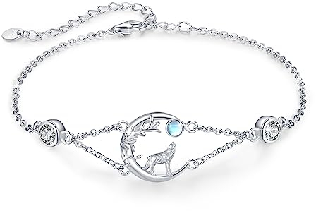 Wolf Armband Damen Sterling Silber Mondstein Armband Tier Verstellbar Schmuck Geschenk Weihnachten Geburtstag für Mädchen